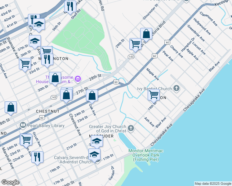 map of restaurants, bars, coffee shops, grocery stores, and more near 1419 24th Street in Newport News