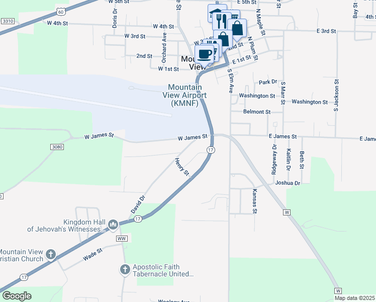 map of restaurants, bars, coffee shops, grocery stores, and more near 401-509 David Drive in Mountain View