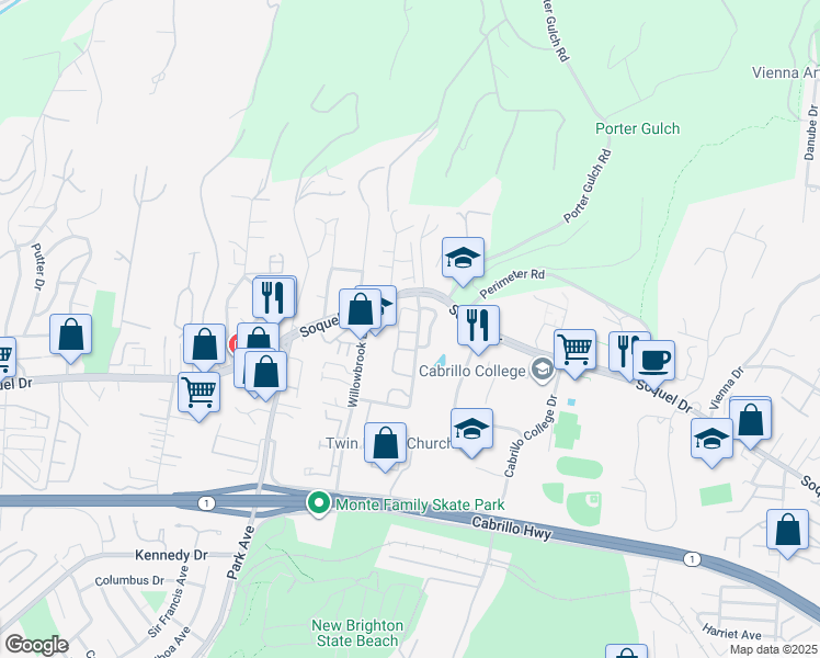 map of restaurants, bars, coffee shops, grocery stores, and more near 6247 Cabot Court in Aptos