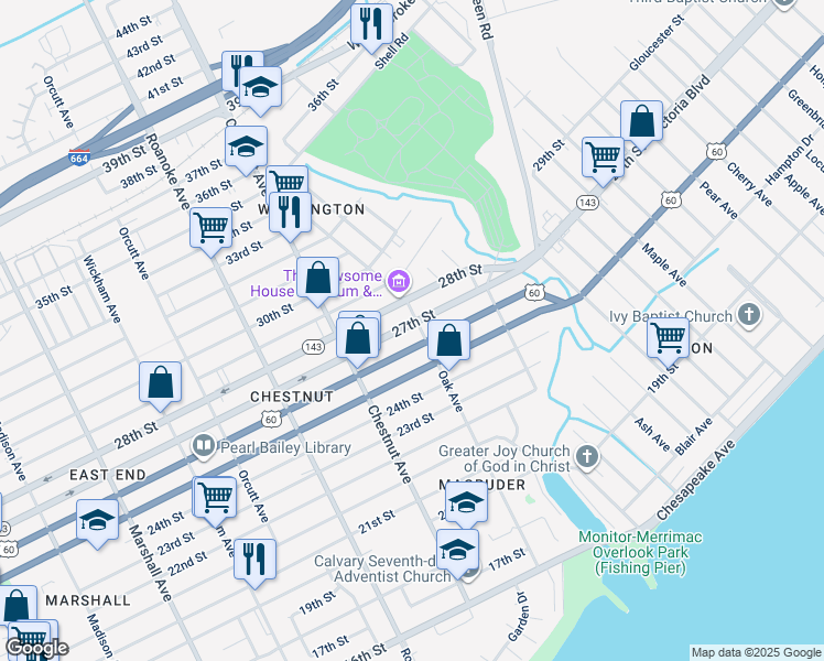 map of restaurants, bars, coffee shops, grocery stores, and more near 1307 27th Street in Newport News