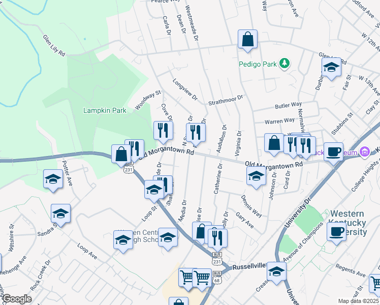 map of restaurants, bars, coffee shops, grocery stores, and more near 719 Old Morgantown Road in Bowling Green