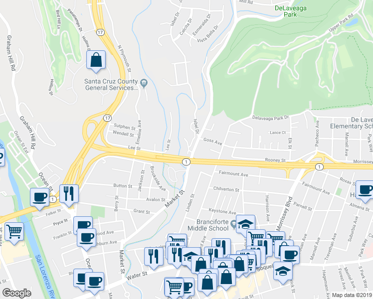 map of restaurants, bars, coffee shops, grocery stores, and more near 209 Fieldcrest Lane in Santa Cruz