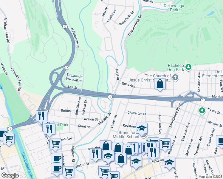 map of restaurants, bars, coffee shops, grocery stores, and more near 209 Fieldcrest Lane in Santa Cruz