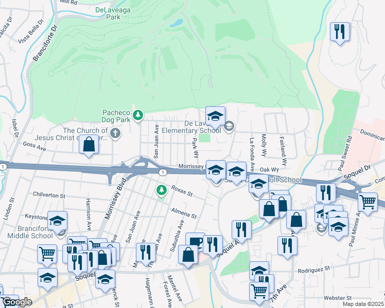 map of restaurants, bars, coffee shops, grocery stores, and more near 631 Park Way in Santa Cruz