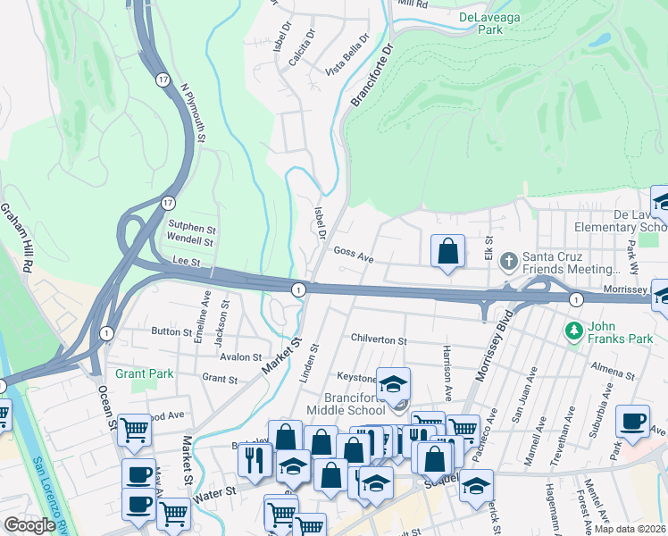 map of restaurants, bars, coffee shops, grocery stores, and more near 126 Goss Avenue in Santa Cruz