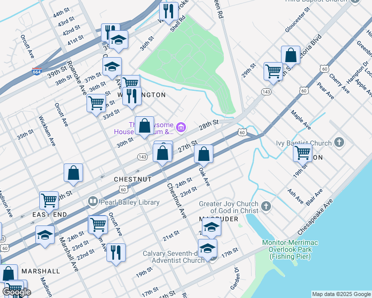map of restaurants, bars, coffee shops, grocery stores, and more near 1307 27th Street in Newport News