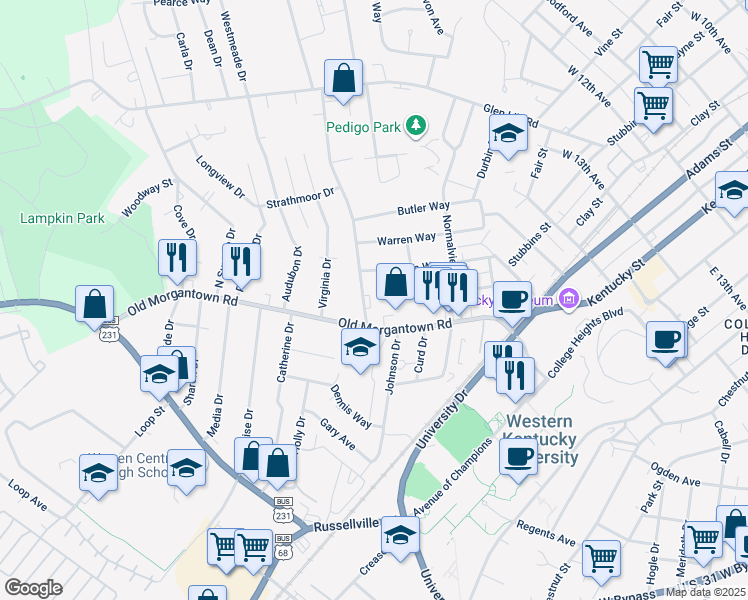 map of restaurants, bars, coffee shops, grocery stores, and more near 429 Gayle Way in Bowling Green