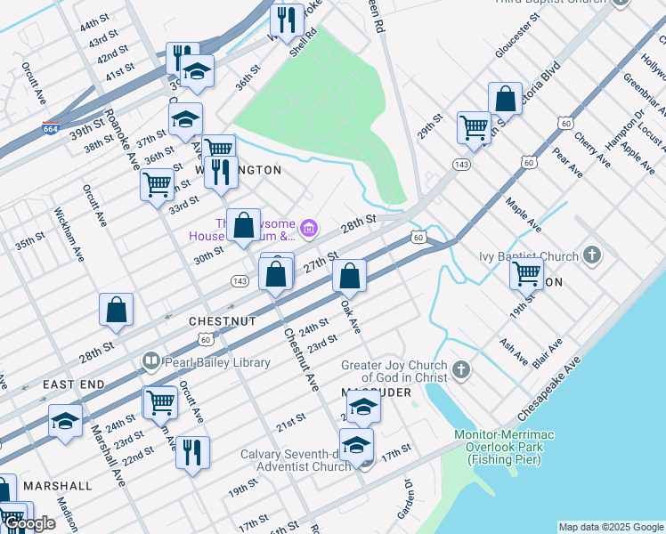 map of restaurants, bars, coffee shops, grocery stores, and more near 2606 Oak Avenue in Newport News