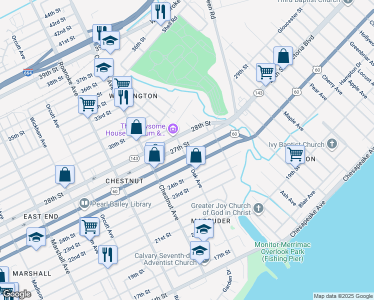 map of restaurants, bars, coffee shops, grocery stores, and more near 2606 Oak Avenue in Newport News