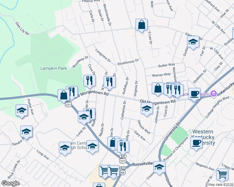 map of restaurants, bars, coffee shops, grocery stores, and more near 708 Old Morgantown Road in Bowling Green