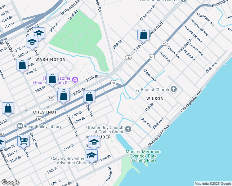 map of restaurants, bars, coffee shops, grocery stores, and more near 1429 24th Street in Newport News