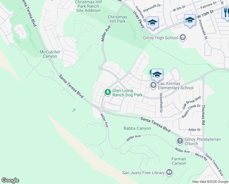 map of restaurants, bars, coffee shops, grocery stores, and more near 1300 Qualteri Way in Gilroy