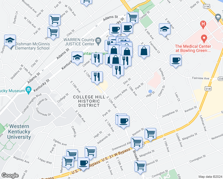 map of restaurants, bars, coffee shops, grocery stores, and more near 1112 Chestnut Street in Bowling Green