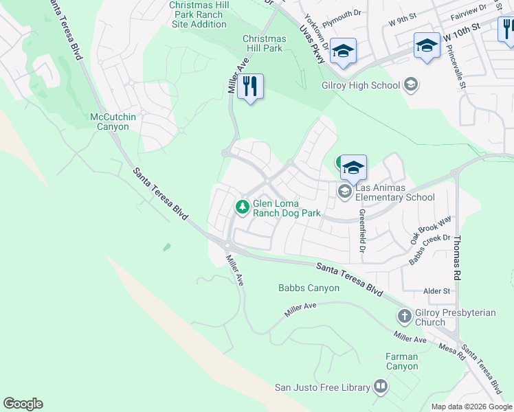 map of restaurants, bars, coffee shops, grocery stores, and more near 1300 Qualteri Way in Gilroy