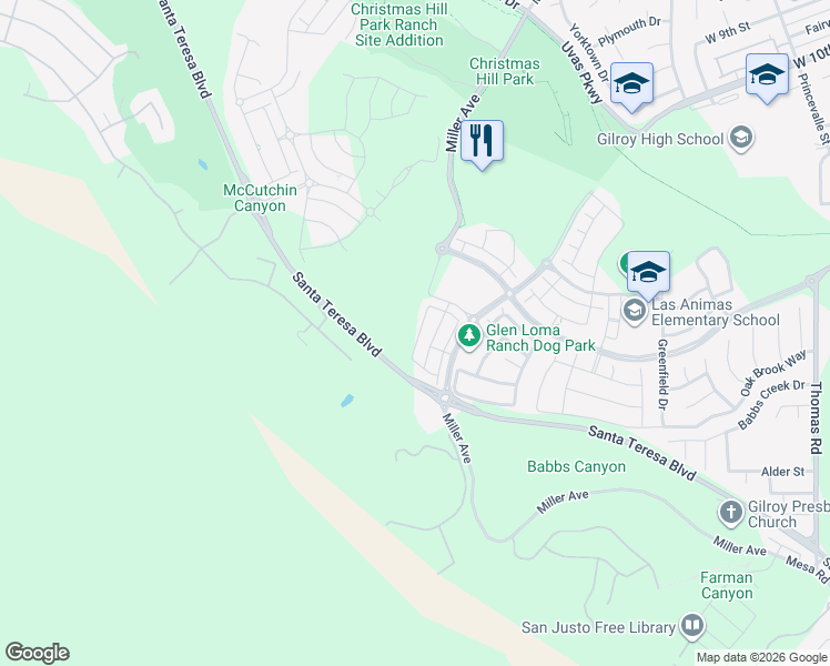map of restaurants, bars, coffee shops, grocery stores, and more near 6404 Laguna Seca Lane in Gilroy