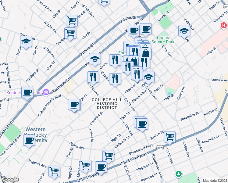 map of restaurants, bars, coffee shops, grocery stores, and more near 1215 State Street in Bowling Green