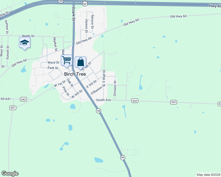map of restaurants, bars, coffee shops, grocery stores, and more near O'Banion Street in Birch Tree