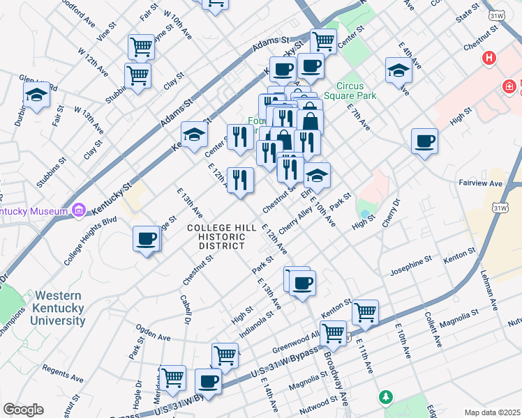 map of restaurants, bars, coffee shops, grocery stores, and more near 1137 Chestnut Street in Bowling Green