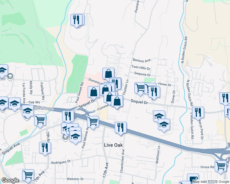map of restaurants, bars, coffee shops, grocery stores, and more near 3164 Mission Drive in Santa Cruz