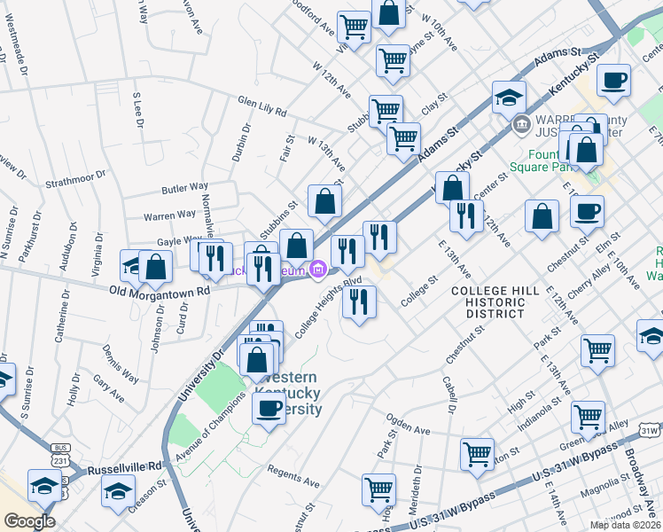 map of restaurants, bars, coffee shops, grocery stores, and more near 1435 Kentucky Street in Bowling Green
