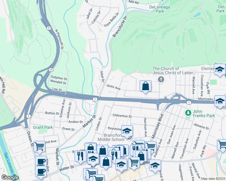 map of restaurants, bars, coffee shops, grocery stores, and more near 1345 North Branciforte Avenue in Santa Cruz