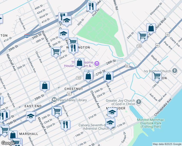 map of restaurants, bars, coffee shops, grocery stores, and more near 1220 29th Street in Newport News