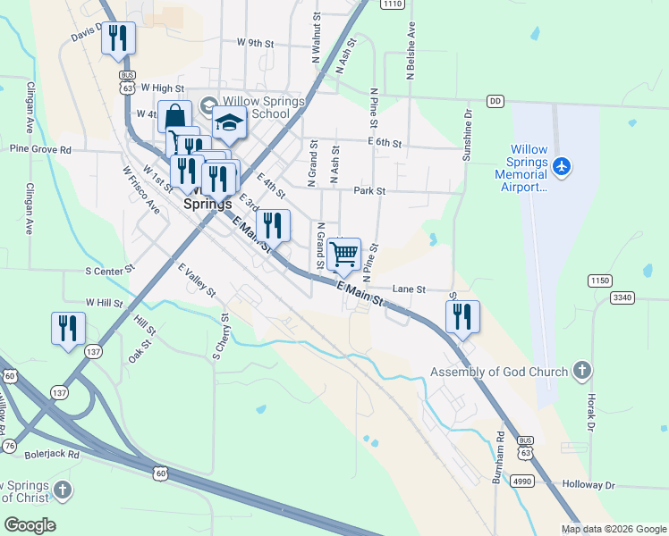 map of restaurants, bars, coffee shops, grocery stores, and more near 200-306 North Ash Street in Willow Springs