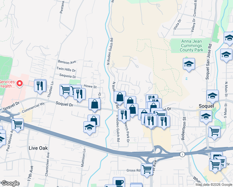 map of restaurants, bars, coffee shops, grocery stores, and more near 200 North Rodeo Gulch Road in Soquel