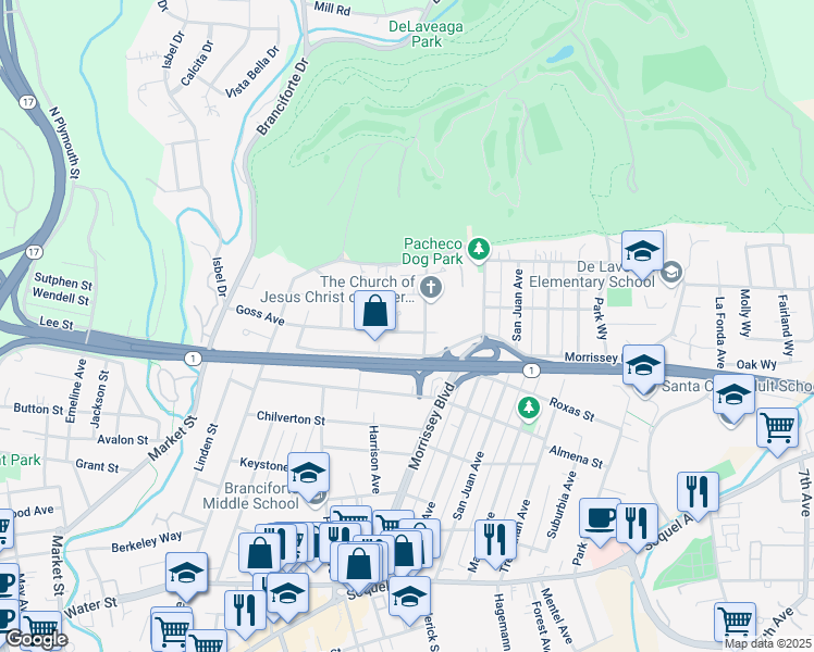map of restaurants, bars, coffee shops, grocery stores, and more near 216 Miller Court in Santa Cruz