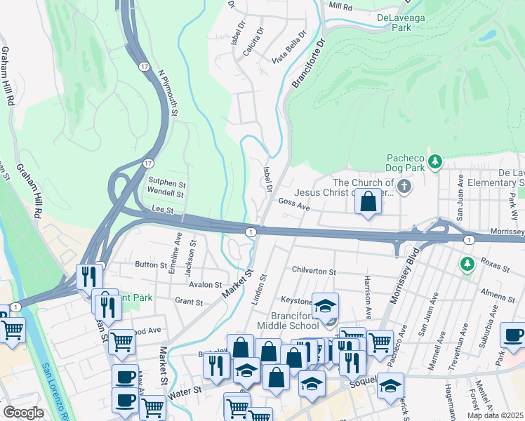 map of restaurants, bars, coffee shops, grocery stores, and more near 104 Meadowview Lane in Santa Cruz