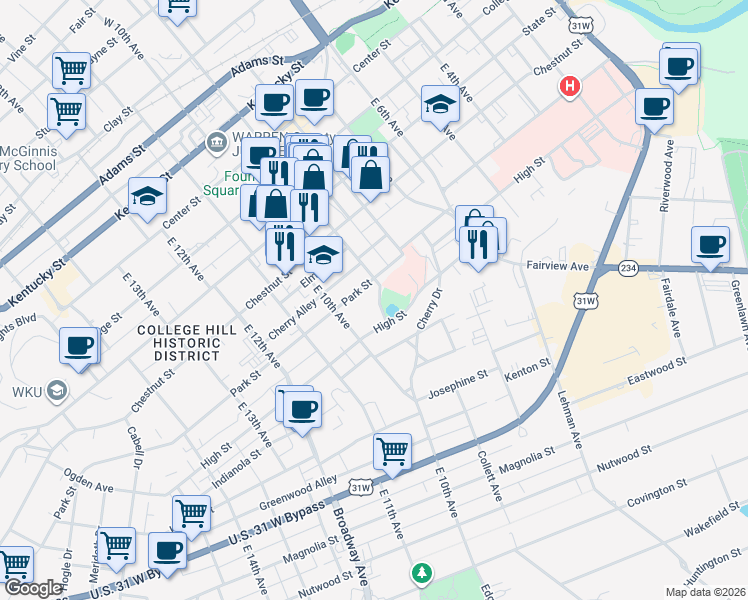 map of restaurants, bars, coffee shops, grocery stores, and more near 707 East Main Avenue in Bowling Green