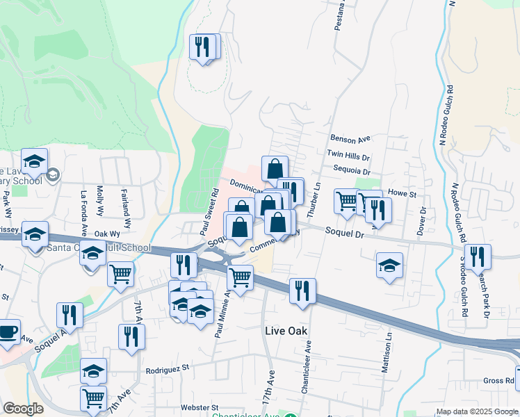 map of restaurants, bars, coffee shops, grocery stores, and more near 3129 Mission Drive in Santa Cruz