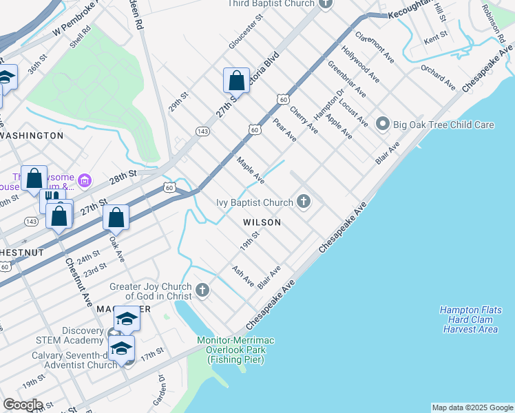 map of restaurants, bars, coffee shops, grocery stores, and more near 141 Poplar Avenue in Newport News