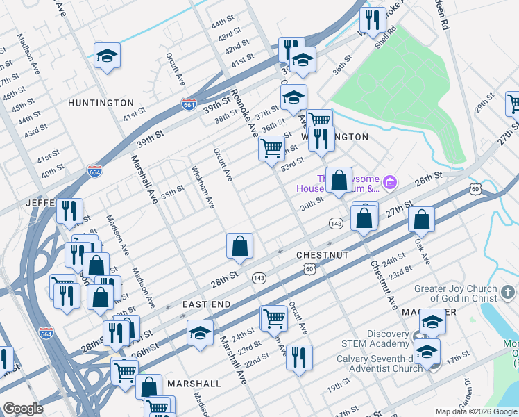 map of restaurants, bars, coffee shops, grocery stores, and more near 1028 32nd Street in Newport News