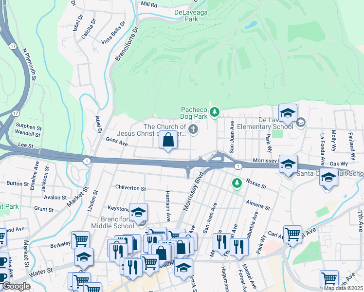 map of restaurants, bars, coffee shops, grocery stores, and more near 216 Miller Court in Santa Cruz