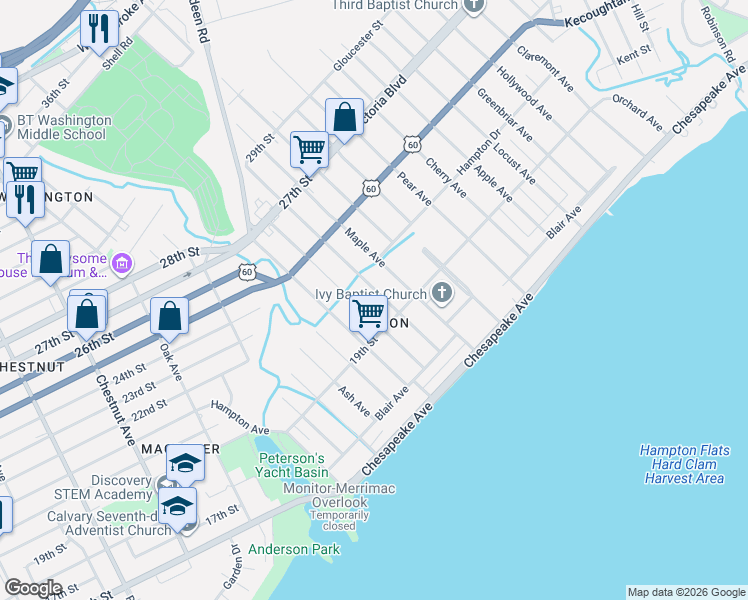 map of restaurants, bars, coffee shops, grocery stores, and more near 141 Poplar Avenue in Newport News