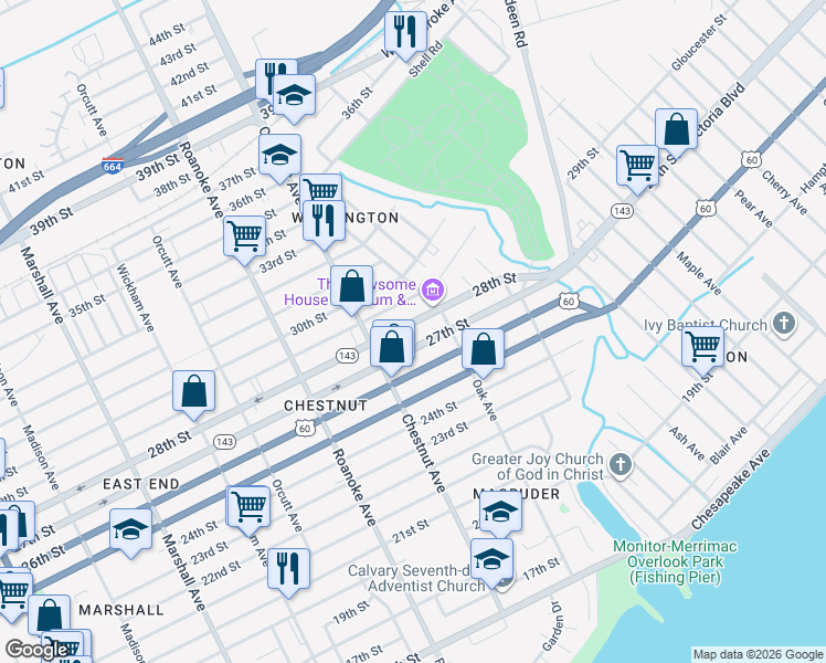map of restaurants, bars, coffee shops, grocery stores, and more near 1252 28th Street in Newport News