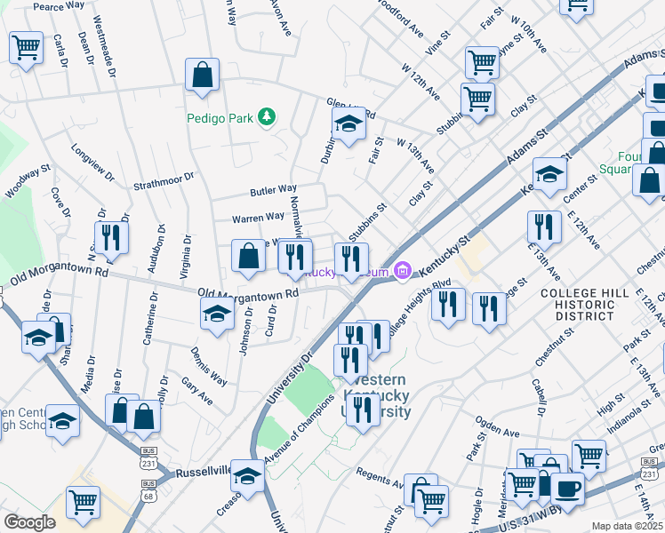 map of restaurants, bars, coffee shops, grocery stores, and more near 206 Cherry Way in Bowling Green