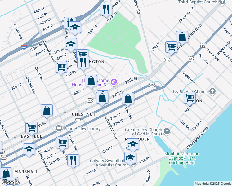 map of restaurants, bars, coffee shops, grocery stores, and more near 2701 Oak Avenue in Newport News