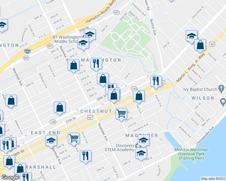 map of restaurants, bars, coffee shops, grocery stores, and more near 1219 28th Street in Newport News