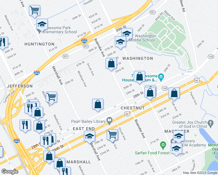 map of restaurants, bars, coffee shops, grocery stores, and more near 1027 31st Street in Newport News