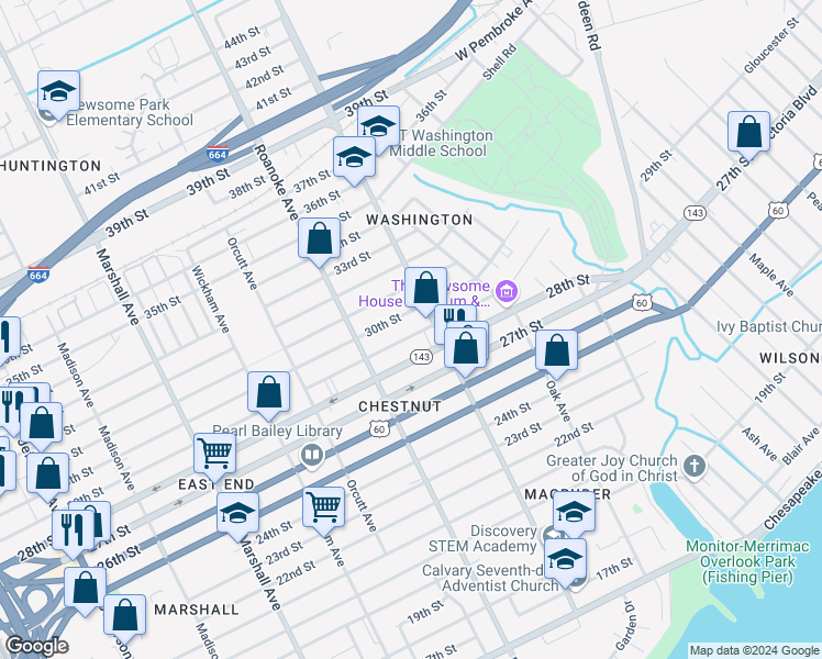 map of restaurants, bars, coffee shops, grocery stores, and more near 2909 Chestnut Avenue in Newport News