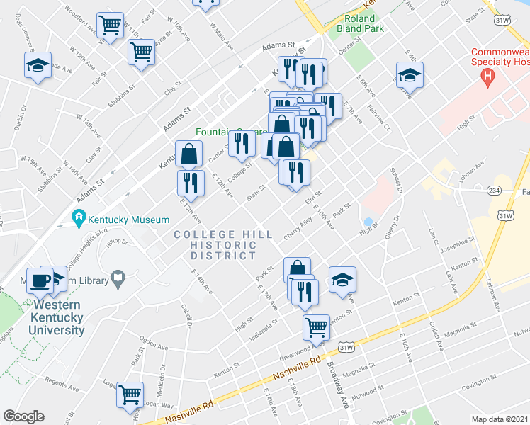 map of restaurants, bars, coffee shops, grocery stores, and more near 1121 Chestnut Street in Bowling Green