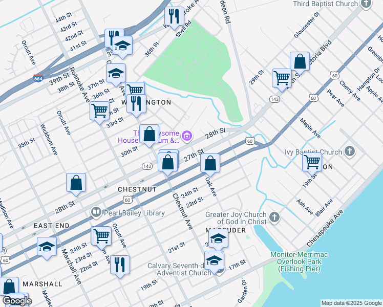 map of restaurants, bars, coffee shops, grocery stores, and more near 2701 Oak Avenue in Newport News