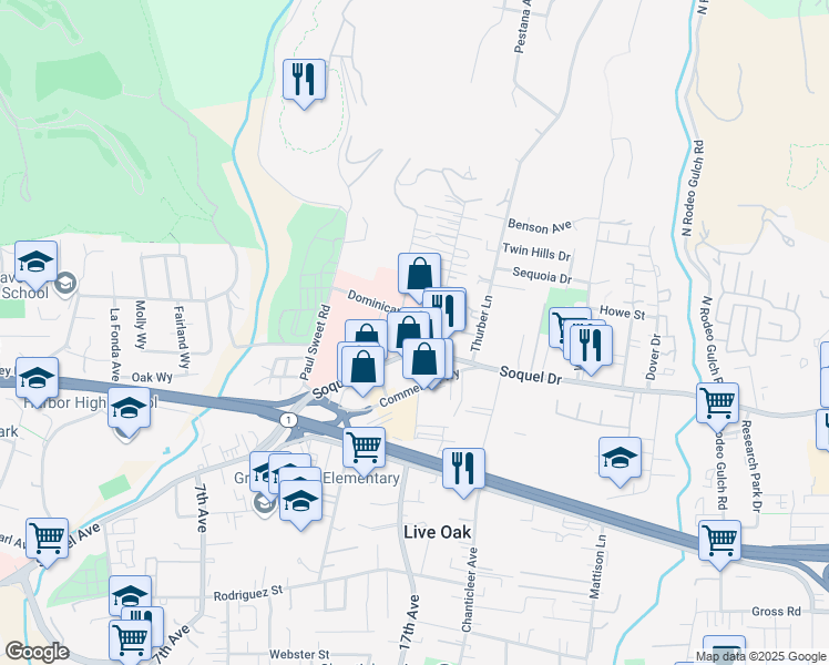 map of restaurants, bars, coffee shops, grocery stores, and more near 3129 Mission Drive in Santa Cruz