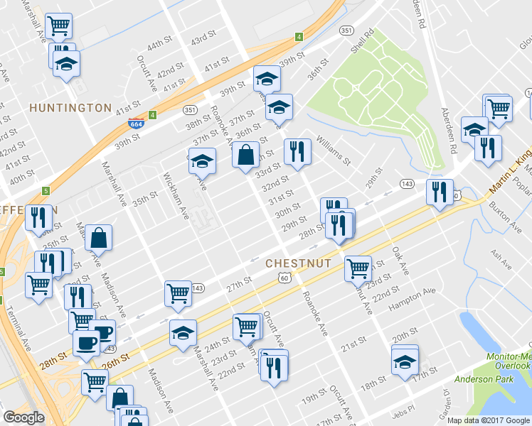 map of restaurants, bars, coffee shops, grocery stores, and more near 3007 Roanoke Avenue in Newport News