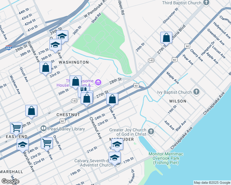 map of restaurants, bars, coffee shops, grocery stores, and more near 1343 26th Street in Newport News