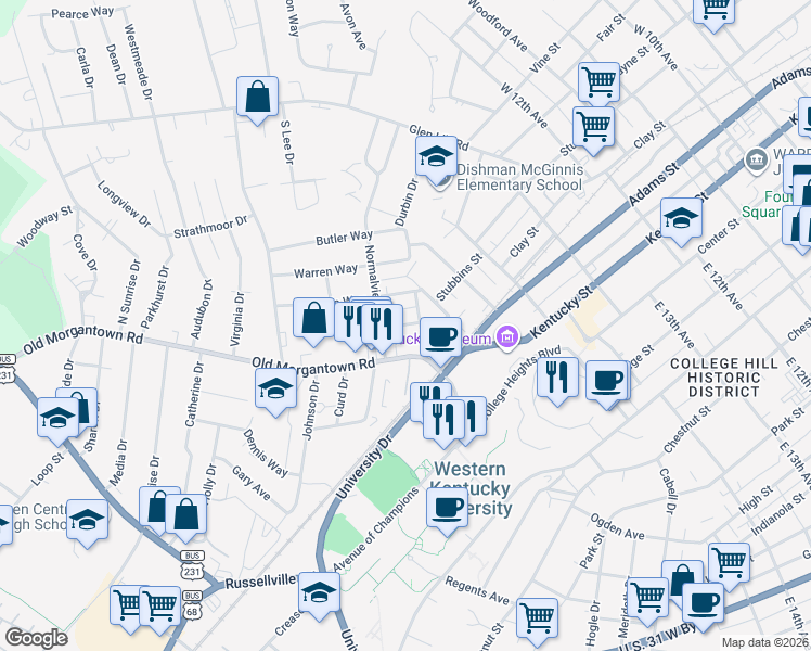 map of restaurants, bars, coffee shops, grocery stores, and more near 211 Cherry Way in Bowling Green
