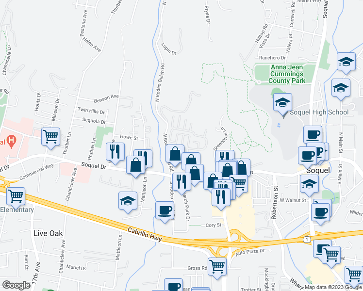 map of restaurants, bars, coffee shops, grocery stores, and more near 100 North Rodeo Gulch Road in Soquel