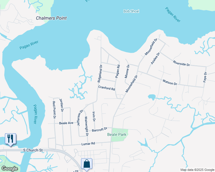 map of restaurants, bars, coffee shops, grocery stores, and more near 504 Cranford Road in Smithfield